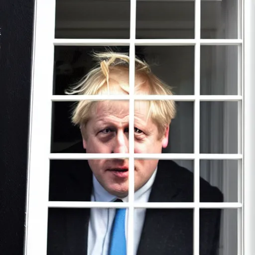 Image similar to window blinds in a house being pulled back to reveal a terrifying boris johnson staring at you through the window with his hand on the window, horror, black and white