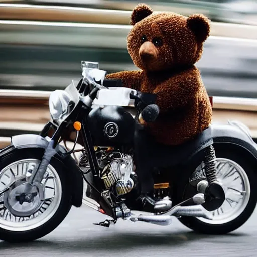 Prompt: a teddy bear wearing a formal suit while driving a motorcycle at a city