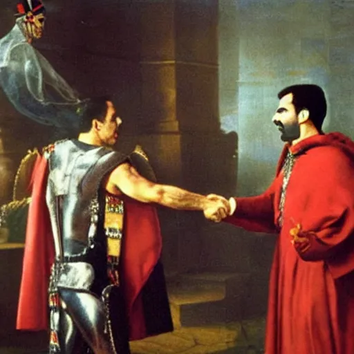 Image similar to freddie mercury shaking hands with julius caesar, painting 4 k masterpiece
