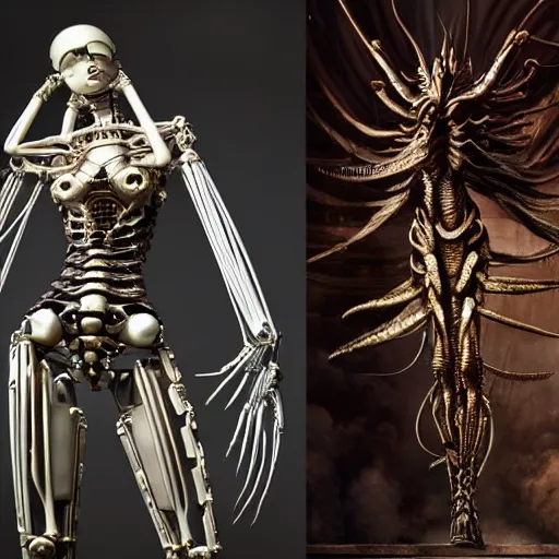 Prompt: still frame from Prometheus movie by Makoto Aida, biomechanical angel gynoid by giger, mimicking devil's dragon flower mantis, metal couture by neri oxmn and Guo pei, editorial by Malczewski and by Caravaggio