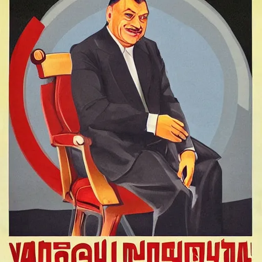 Image similar to hungarian prime minister viktor orban sitting on the knee of joseph stalin, propaganda poster art, highly detailed, colored