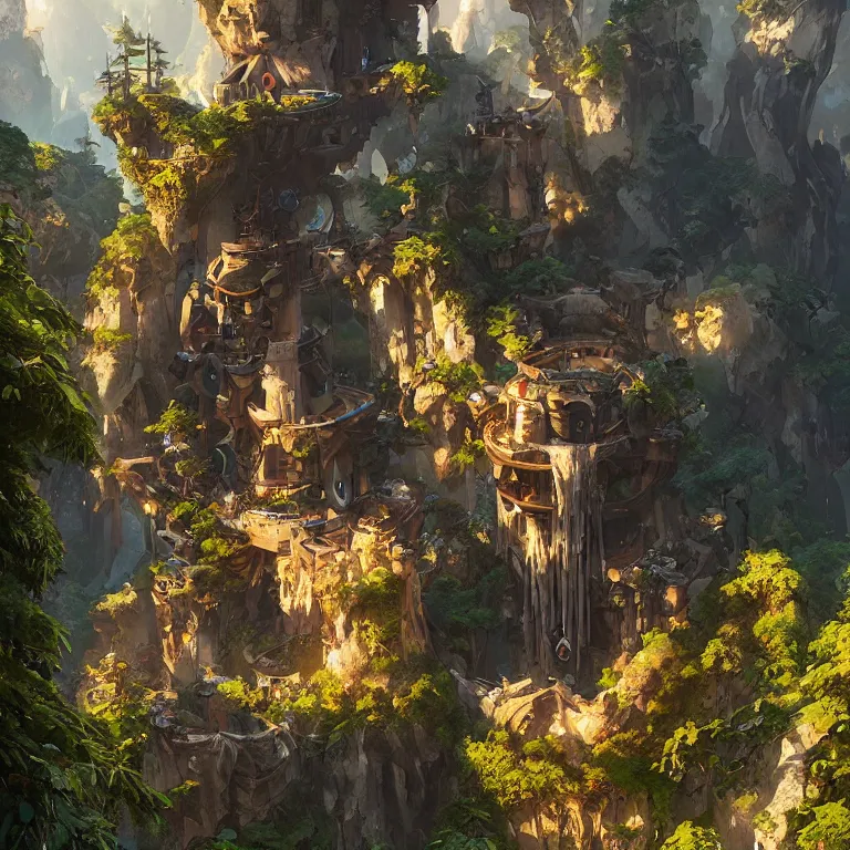 Prompt: vertical overwatch headquarters carved inside a mountain surrounding a lush garden, trimmed, magical, natural light, fantasy, sharp focus, concept art, by greg rutkowski and craig mullins, cozy atmospheric