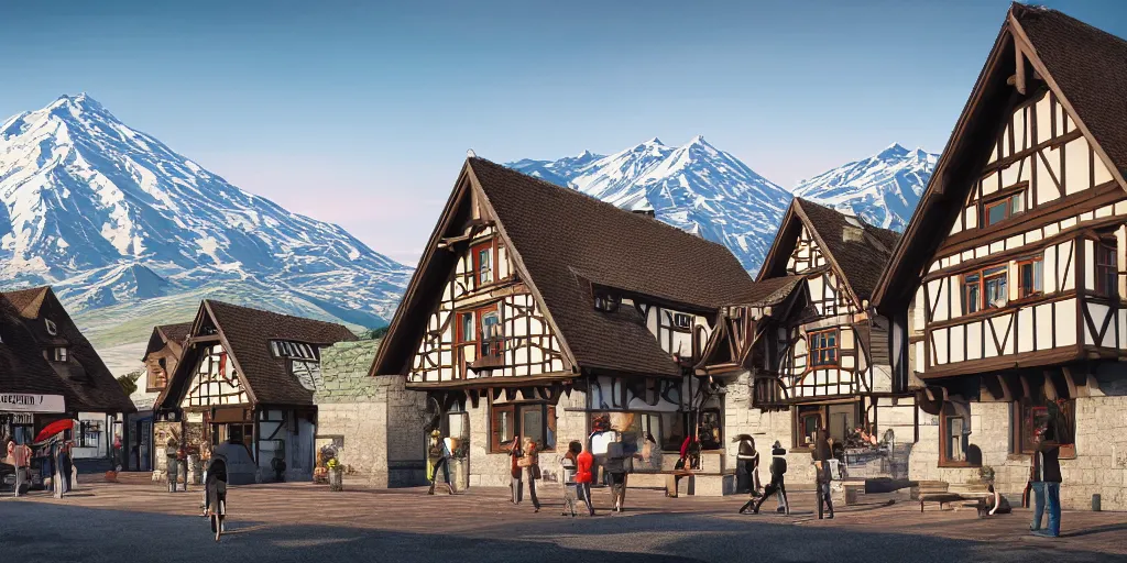 Image similar to a modern cottage town with half - timbered houses on the foot of elbrus mountain a digital rendering by schelte a bolswert, featured on polycount, de stijl, reimagined by industrial light and magic, angular, symmetrical