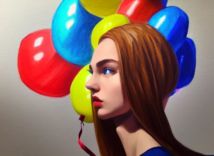 Image similar to landscape, a young caucasian woman between the ages of 2 0 - 2 5 years, wearing clothes made of balloons, fine art, modern realism, sharp focus, good lighting, trending on artstation, trending on tiktok, smooth drawing, elegant, dignified, without anomaly.