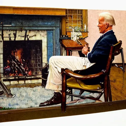 Image similar to a medium close up portrait painting by Norman Rockwell of Joe Biden sitting in a chair. Cozy fire. legs crossed