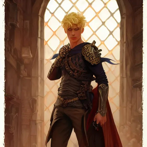 Image similar to an epic fantasy comic book style portrait painting of a confident blonde boy wearing plain thief clothes, d & d, fantasy, intricate, elegant, highly detailed, digital painting, artstation, concept art, matte, sharp focus, illustration, art by artgerm and greg rutkowski and alphonse mucha