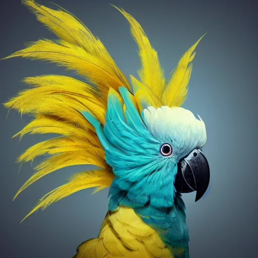 Prompt: stylized cartoony cockatoo with yellow feathers at a party, 4 k, realistic