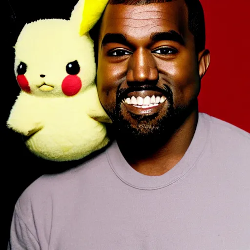 Image similar to kanye west smiling holding pikachu for a 1 9 9 0 s sitcom tv show, studio photograph, portrait c 1 2. 0