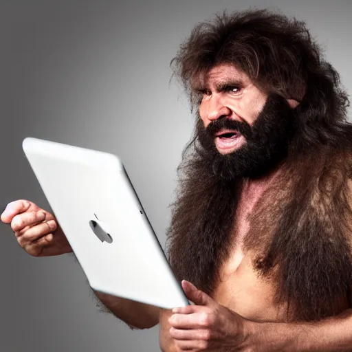 Prompt: a caveman very confused while holding an iPad