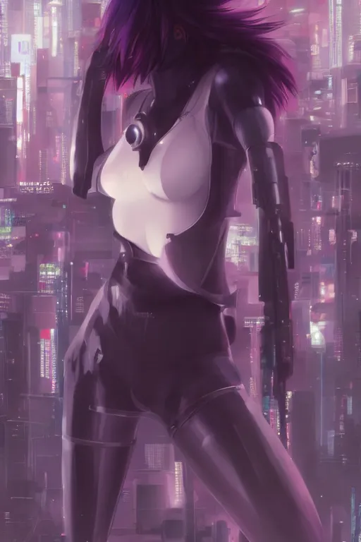 Image similar to a still fullbody portrait of motoko kusanagi ghost in the shell, finely detailed features, closeup at the faces, perfect art, at a cyberpunk city, gapmoe yandere grimdark, trending on pixiv fanbox, by ilya kuvshinov, rossdraws, artgerm