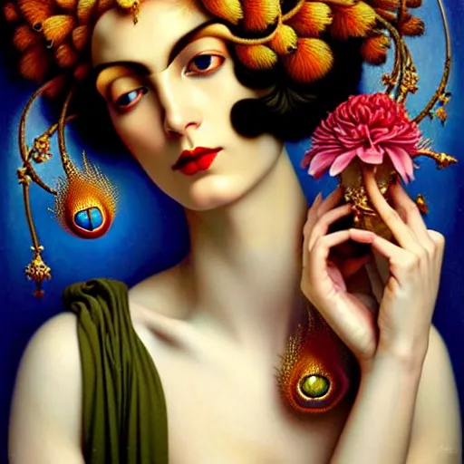 Prompt: dynamic composition, a painting of a woman with hair of flowers and peacock plummage wearing ornate earrings, a surrealist painting by tom bagshaw and jacek yerga and tamara de lempicka and jesse king, featured on cgsociety, pop surrealism, surrealist, dramatic lighting, wiccan, pre - raphaelite, ornate gilded details