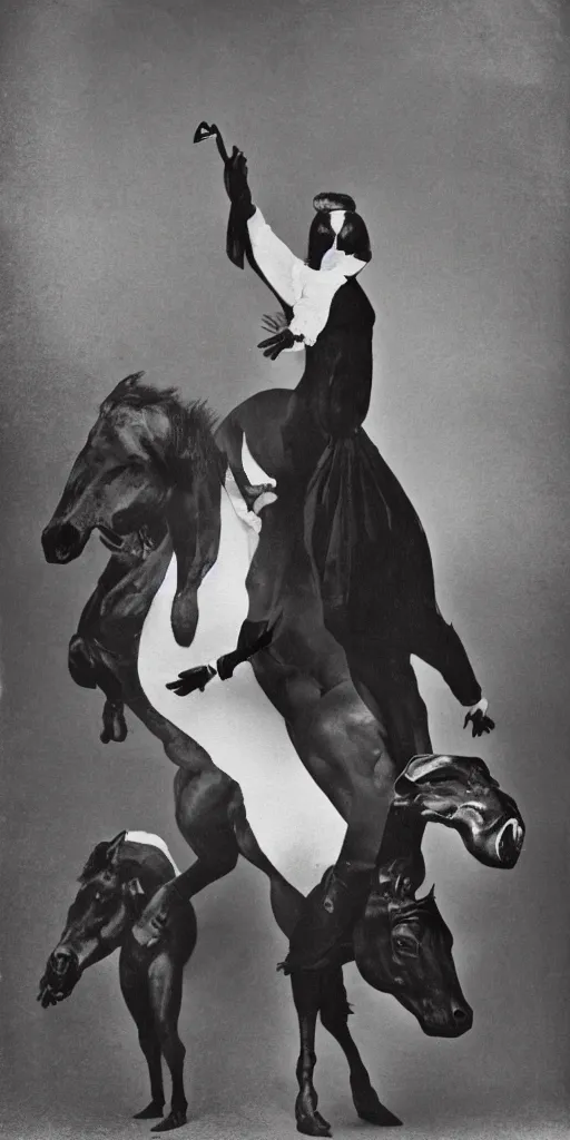 Image similar to t rex and a horse wearing high heels, anamorphic, strange, black and white, photograph, 1850s