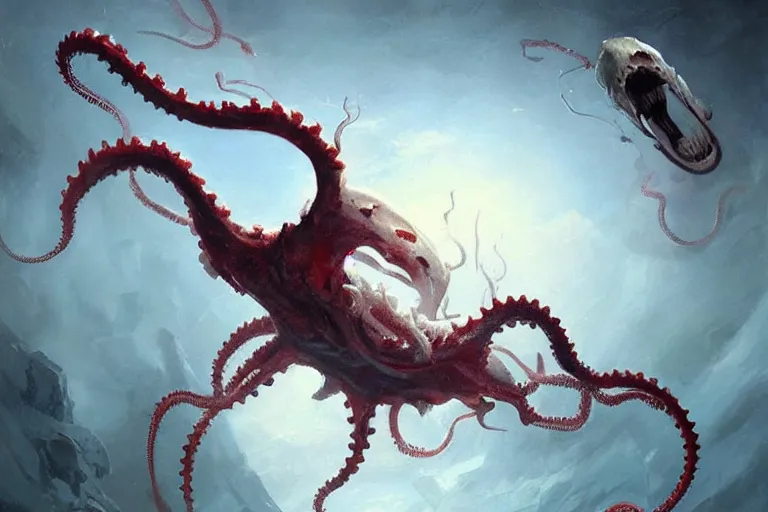 Image similar to painting by greg rutkowski of a flying chalk white head, with tentacles coming of the neck, red eyes, flying in a terrying hell like cavernous place