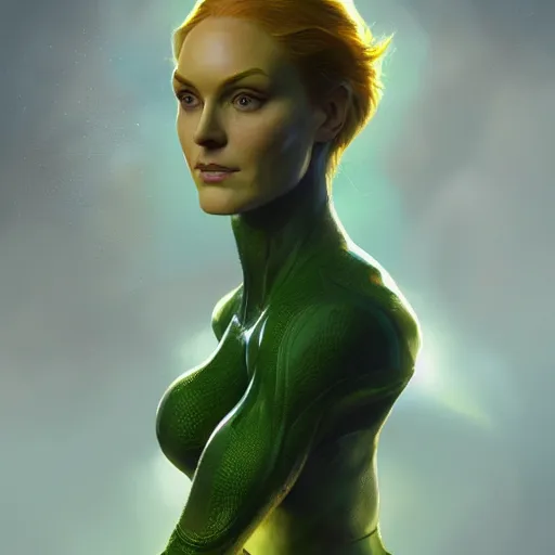 Image similar to full body portrait of jean grey, symetry, perfect face, green eyes, intricate, detailed, volumetric lighting, scenery, digital painting, highly detailed, artstation, sharp focus, illustration, concept art, ruan jia, steve mccurry