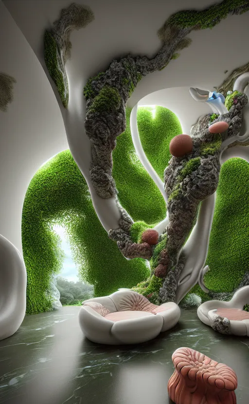 Image similar to highly detailed villa natural beautiful light interior soft cinematic composition of a smooth ceramic porcelain biomorphic magnolia stone nebula fluid sci - fi surreal colorful architecture landscape, furniture, granite, trees, marble, moss, lichen, fungi, vincent callebaut composition, mamou - mani, archviz, 8 k, unreal engine, hdr