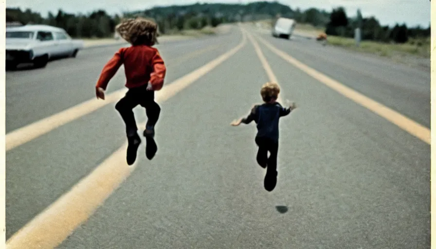 Image similar to 7 0 s film still from a horror movie about a boy flying above the interstate highway, kodachrome, cinecolor, cinestill, film grain, film texture, retro, cinematic, high resolution, photorealism,