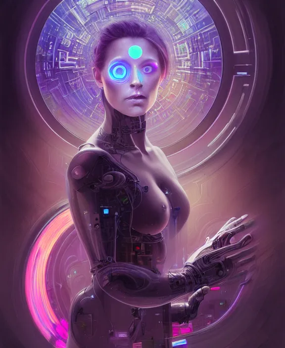 Image similar to a whirlwind of souls rushing inside the metaverse, hologram, half body, neurochip, shaved temple, piercing, jewelry, android, cyborg, cyberpunk face, by loish, d & d, fantasy, intricate, elegant, highly detailed, colorful, digital painting, artstation, concept art, art by artgerm and greg rutkowski and alphonse mucha