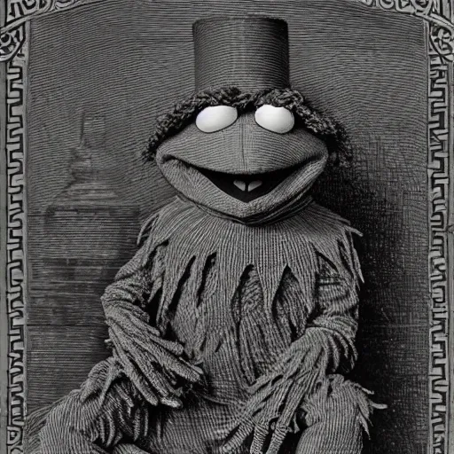 Image similar to Kermit the Frog as an actual human being by Gustave Dore, Sesame Street, intricate, very very detailed