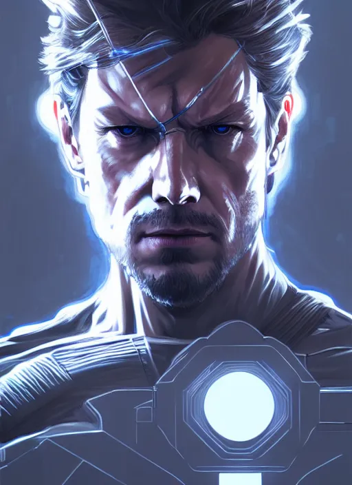 Image similar to symmetry!! portrait of solid snake, metal gear solid, tech wear, glowing lights!! intricate, elegant, highly detailed, digital painting, artstation, concept art, smooth, sharp focus, illustration, art by artgerm and greg rutkowski and alphonse mucha