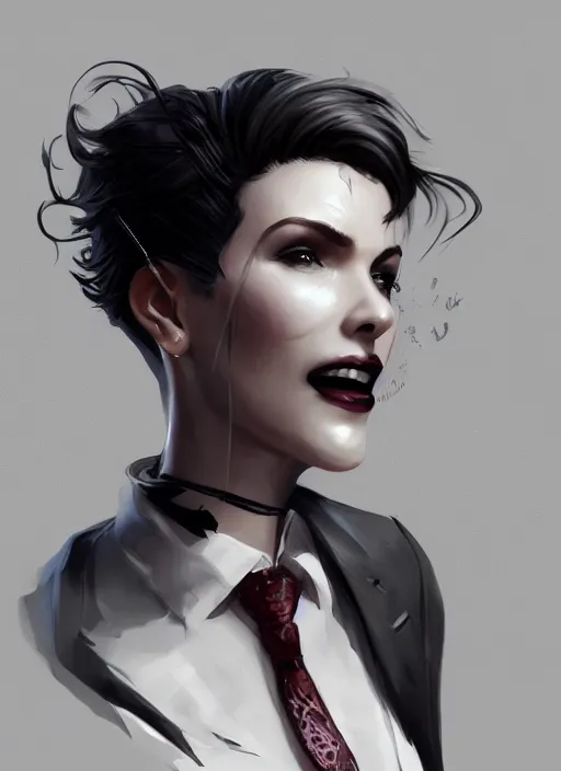 Prompt: a highly detailed illustration of beautiful short black messy haired woman wearing single eyepatch and noir style suit and tie, dramatic smiling pose, intricate, elegant, highly detailed, centered, digital painting, artstation, concept art, smooth, sharp focus, league of legends concept art, WLOP