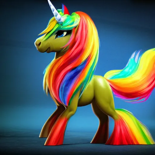 Image similar to hyperrealistic rainbowdash pony, stunning 3 d render inspired by istvan sandorfi & greg rutkowski & mike judge, perfect symmetry, dim volumetric cinematic lighting, 8 k octane comprehensive render, extremely mega hyper - detailed and lifelike attributes & atmosphere, intricate, realistic flesh texture, masterpiece, artstation, stunning,