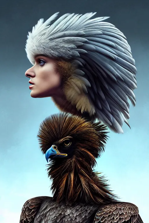 Image similar to epic professional digital art of attractive female human - eagle hybrid animal, wearing human air force jumpsuit, humanoid feathered head, eagle beak, by lisa roet, sam leach, leesha hannigan, wayne haag, artstation, cgsociety, epic, much wow, much detail, gorgeous, detailed, cinematic, masterpiece