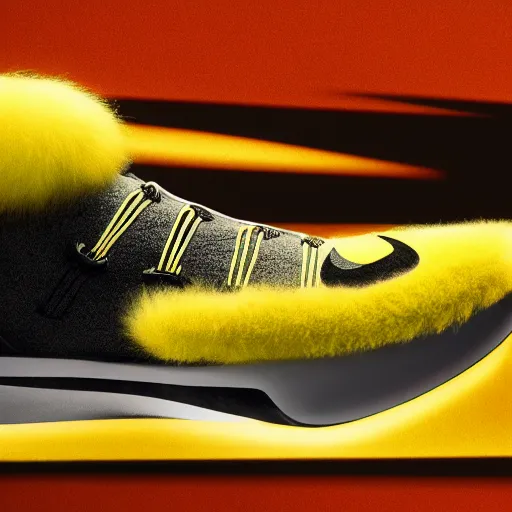 Image similar to nike shoe made of very fluffy yellow faux fur placed on reflective surface, professional advertising, overhead lighting, heavy detail, realistic by nate vanhook, mark miner