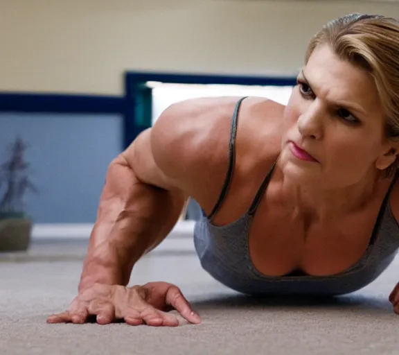 Prompt: muscular Kim Wexler doing push-ups, movie still, realistic, close up, shot by Vince Gilligan, photorealistic