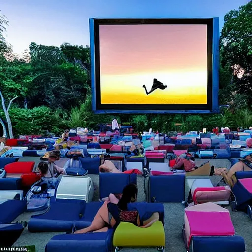 Image similar to futuristic film festival frameout shows films from predominantly domestic production on a summer outdoor cinema screen, salvador dali style
