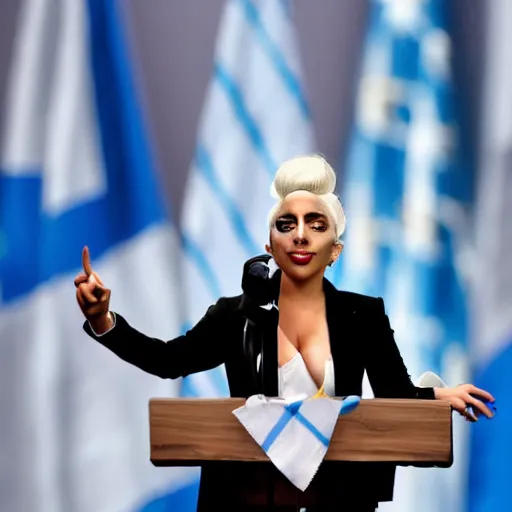 Image similar to Lady Gaga as president, Argentina presidential rally, Argentine flags behind, bokeh, giving a speech, detailed face, Argentina