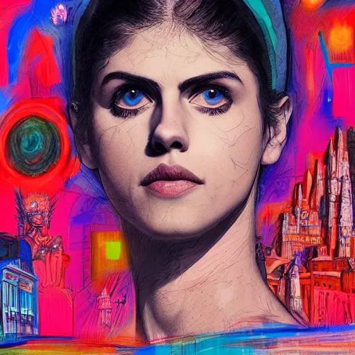 Prompt: a sketch, ultra detailed, alexandra daddario, mystical travel, colorful, magic, universe, beautiful woman, surreal city, in style of jean - michel basquiat, trending on artstation