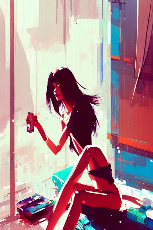 Image similar to a ultradetailed beautiful panting of a stylish woman sitting in a messy apartment, by conrad roset, greg rutkowski and makoto shinkai, trending on artstation