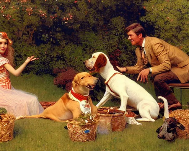 Image similar to dogs play in the backyard of a beautiful suburban home, 1 9 7 0 s sunrise painting by gaston bussiere, craig mullins, j. c. leyendecker