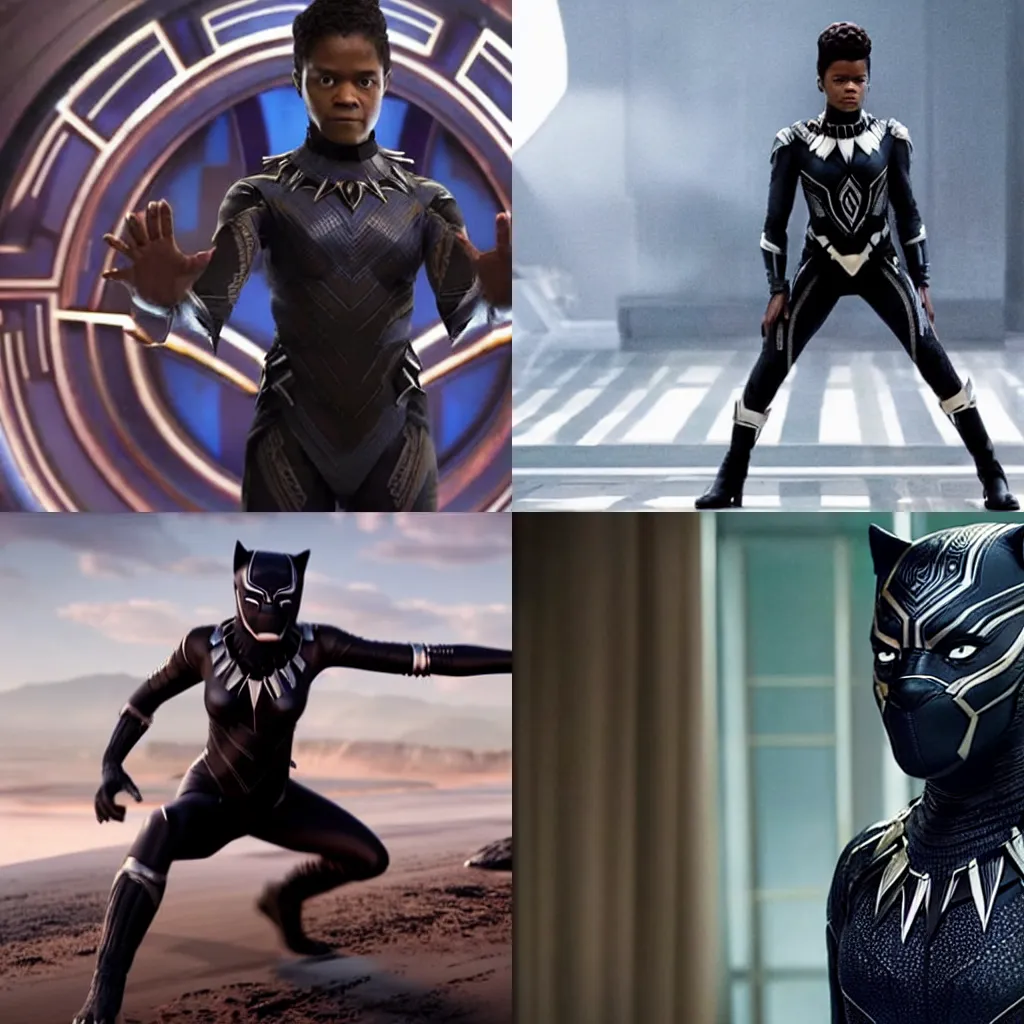 Prompt: full body shot of Letitia Wright as a Black Panther, cinema still from Avengers: Endgame (2019)