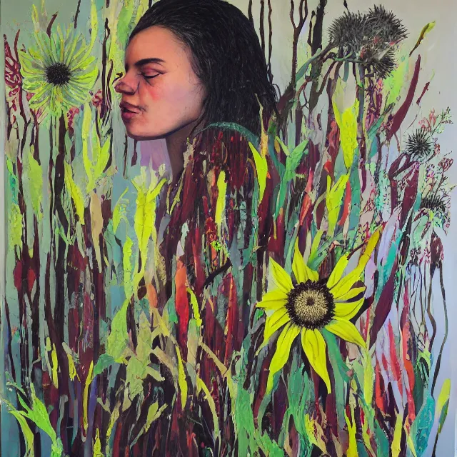 Prompt: “ a portrait in a female art student ’ s apartment, australian wildflowers, sensual, queer woman, flax, flannel flower, bottlebrush, eucalyptus, charred, new leaves, art supplies, a candle dripping white wax, aboriginal art, berry juice drips, acrylic and spray paint and oilstick on canvas, surrealism, neoexpressionism ”