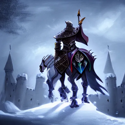 Prompt: paladin knight in snow in front of a castle, highly stylized, riot games concept art, moody, high contrast, vibrant colors, dark fantasy, 8k, ultra detailed