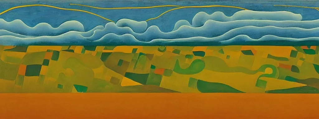 Image similar to Psychedelic sci-fi dreamworld. Landscape painting. Organic. Winding rushing water. Waves. Clouds. Landscape by Alex Katz. Wayne Thiebaud. Paul Klee
