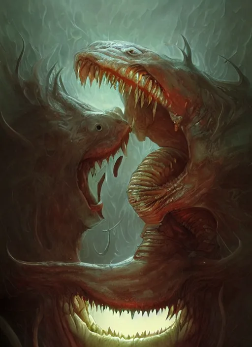 Prompt: a vampire!!!! with a sea lamprey!!!! mouth!!!, in the styles of ( national geographic ), peter mohrbacher, gerald brom, and marc simonetti, intricate, hyperrealistic, volumetric lighting