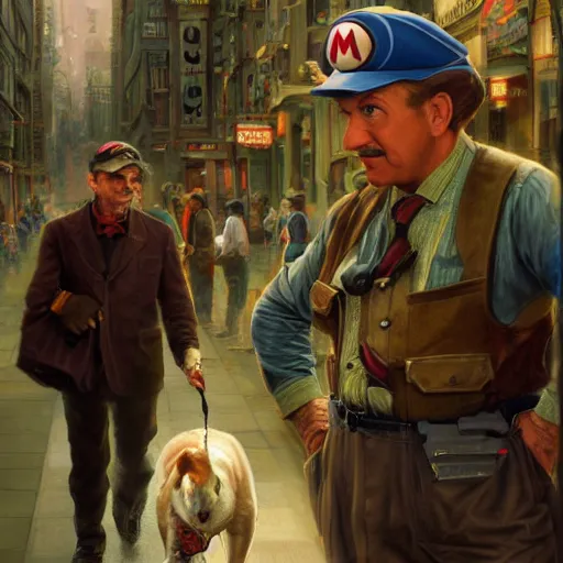 Image similar to john lock as mario walking a dog, plumbing jungle, detailed, centered, digital painting, artstation, concept art, donato giancola, joseph christian leyendecker, wlop, boris vallejo, breathtaking, 8 k resolution, extremely detailed, beautiful, establishing shot, artistic, hyperrealistic, beautiful face, octane render, cinematic lighting, dramatic lighting, masterpiece