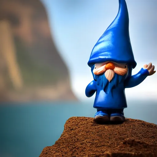 Prompt: cinematic front shot of a blue gnome standing on the edge of a cliff by the ocean, 8k, highly intricate, highly detailed,