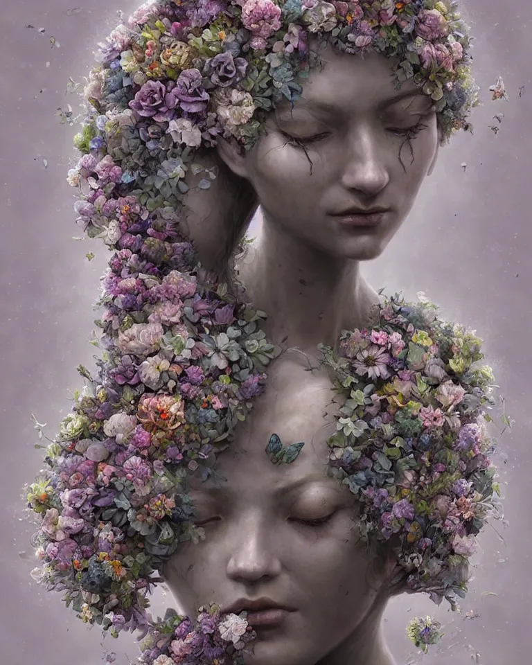 Image similar to portrait of a beautiful ethereal female made of concrete made of flowers made of mist, Andrew Ferez, Charlie Bowater, Marco Mazzoni, Seb McKinnon, Ryohei Hase, trending on cgsociety, featured on zbrush central, new sculpture, mystical