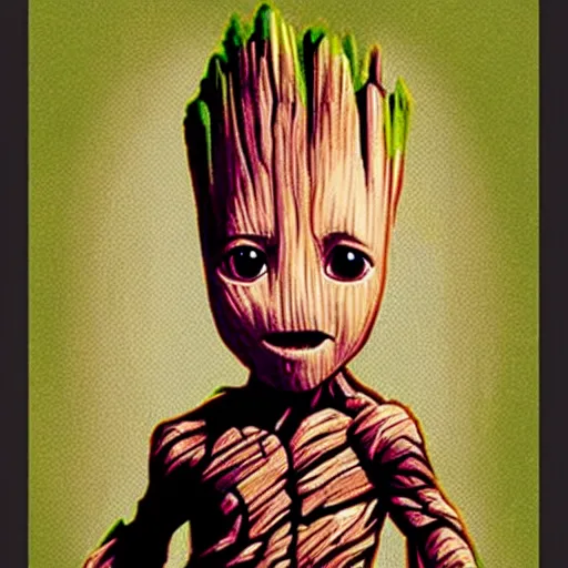 Image similar to a baby groot portrait in the style of drew struzan