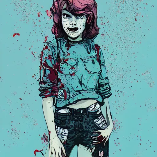 Image similar to Highly detailed portrait of pretty punk zombie young lady with, freckles and beautiful hair by Atey Ghailan, by Loish, by Bryan Lee O'Malley, by Cliff Chiang, inspired by image comics, inspired by graphic novel cover art, inspired by papergirls !! Gradient color scheme ((grafitti tag brick wall background)), trending on artstation