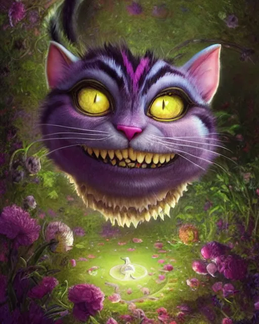 Image similar to an adorable cheshire cat in wonderland | highly detailed | very intricate | symmetrical | fantasy and whimsical and magical | soft cinematic lighting | disney pixar | award - winning | painted by donato giancola and paul lehr and ross tran | pastel color palette | featured on artstation