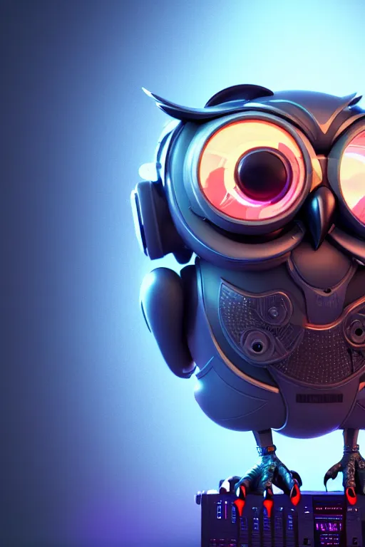 Image similar to high quality 3 d render very cute cyborg owl! with boombox!, cyberpunk highly detailed, unreal engine cinematic smooth, in the style of blade runner & detective pikachu, hannah yata charlie immer, moody light, low angle, uhd 8 k, sharp focus