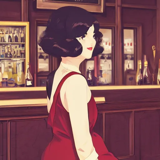 Image similar to portrait of a beautiful girl with dark hair dressed in 1920's fashion, speakeasy bar background, mood lighting, ambient lighting, dynamic lighting, 4k, official media, anime key visual, makoto shinkai, ilya kuvshinov, lois van baarle, rossdraws, detailed, trending on artstation