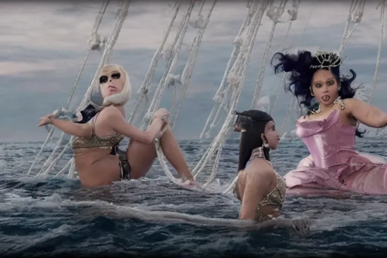 Prompt: nicki minaj and lady gaga fighting eachother on the titanic as it's sinking. 8 k. 4 k. higly realistic, higlt detailed