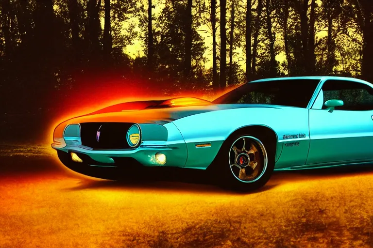 Image similar to pontiac firebird with glowing paint, sunrise, eerie light, fireflies, dramatic, cinematic, forest, sunbeams, volumetric lighting, wide shot, low angle, realistic pokemon looking at car, pokemon, creatures