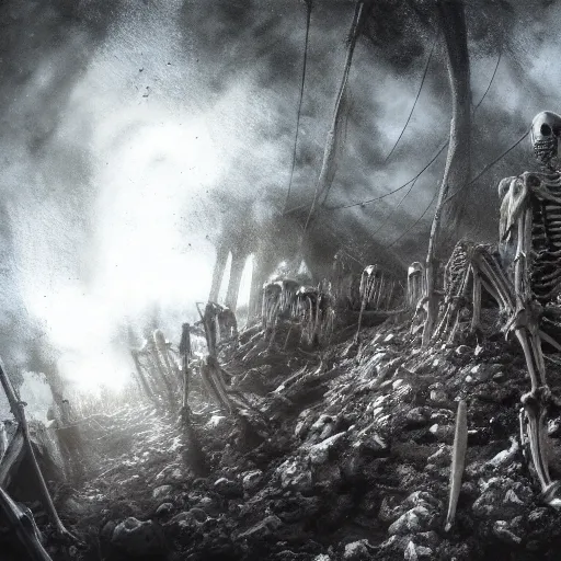 Prompt: living undead skeletons emerging from a pile of shit in the bottom of a very dark well. swords in their hands. wide angle. trending on artstation, craig mullins, gopro lens.