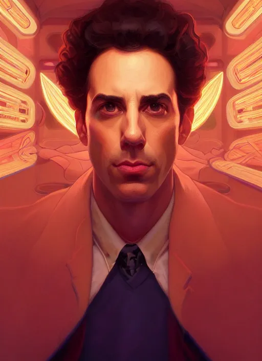 Image similar to symmetry!! portrait of seinfeld, glowing lights!! intricate, elegant, highly detailed, digital painting, artstation, concept art, smooth, sharp focus, illustration, art by artgerm and greg rutkowski and alphonse mucha